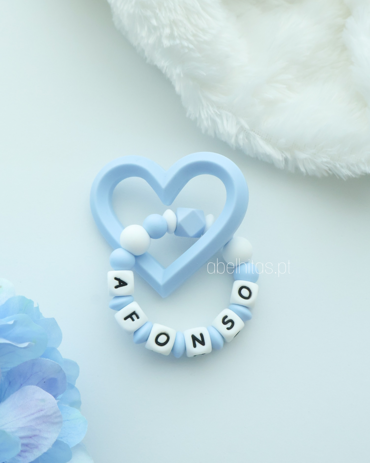 Silicone teether with name - Blue heart