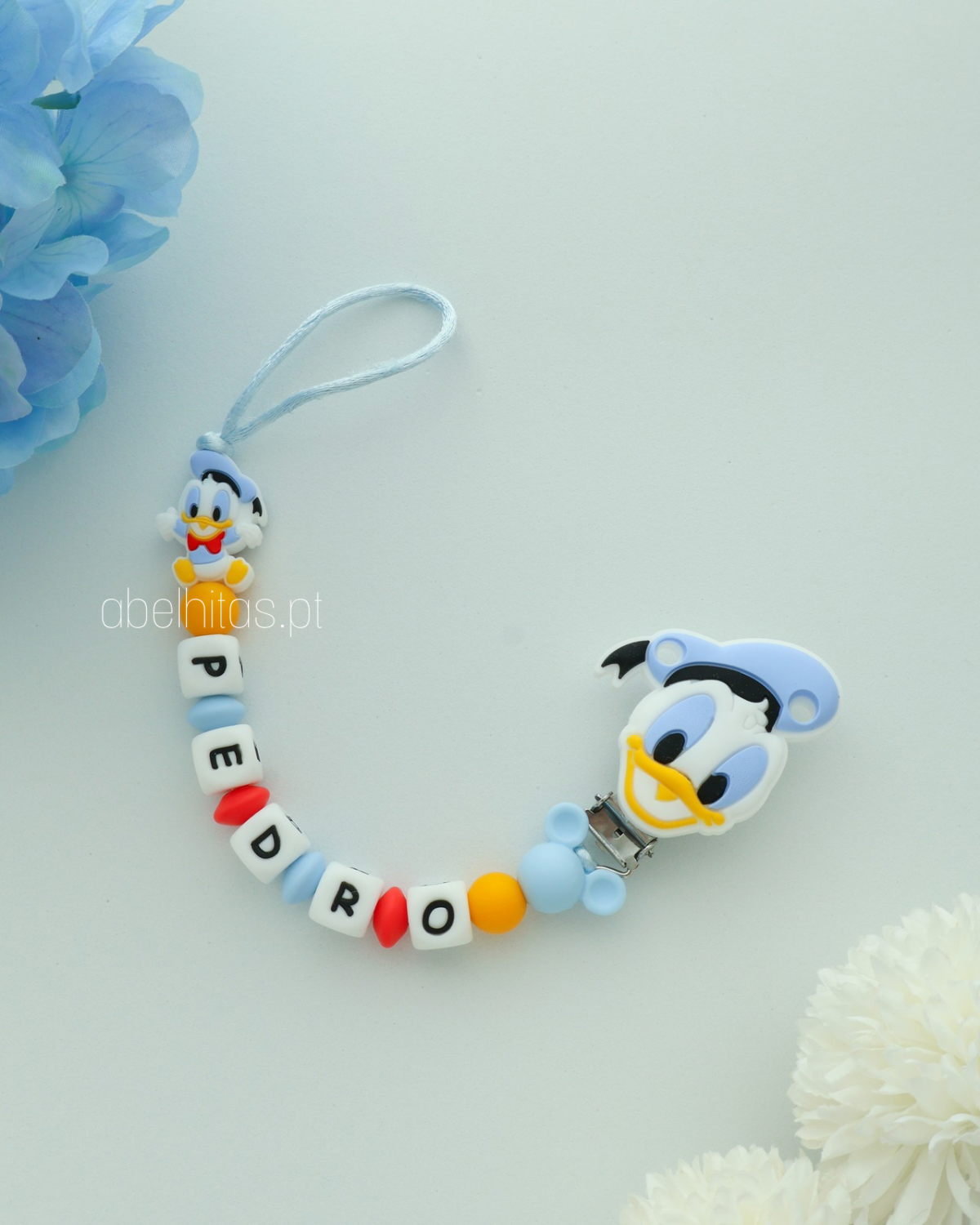 Prendedor de chupeta com nome - Pato Donald