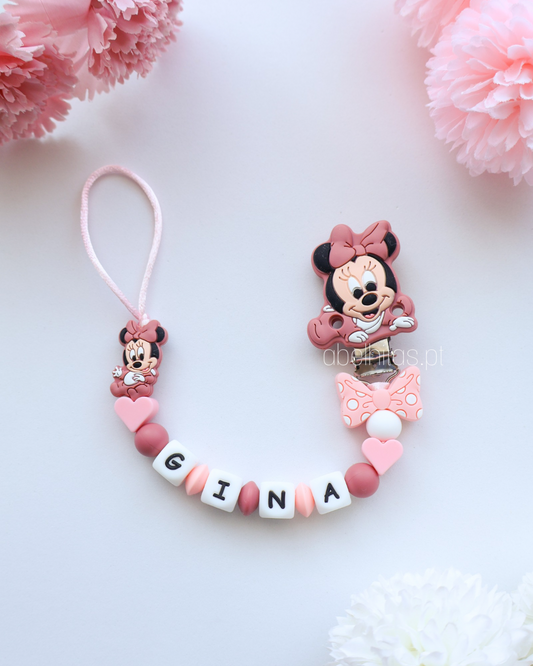 Pacifier clip with name - Dark pink Minnie