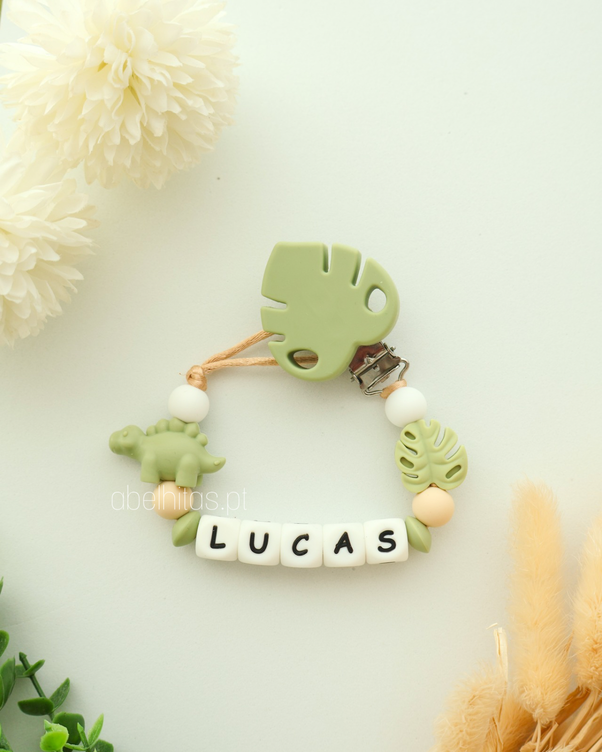Pacifier clip with name - Green Dinosaur