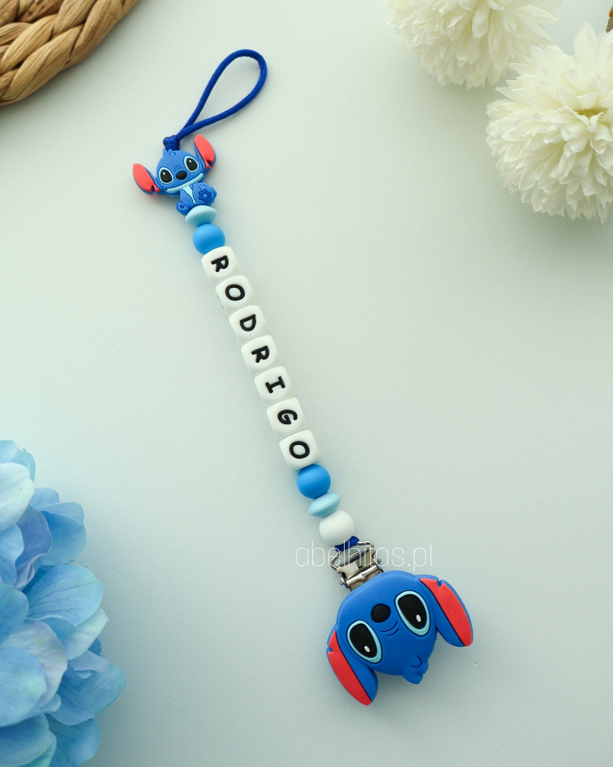 Prendedor de chupeta com nome - Stitch