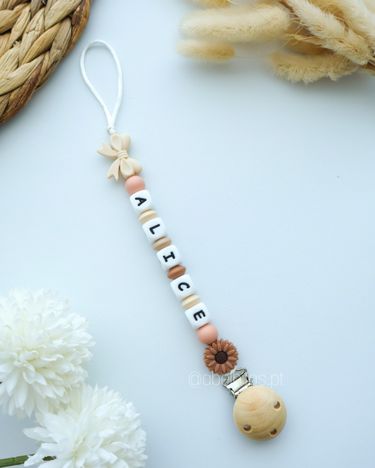 Pacifier clip with name - Brown flower