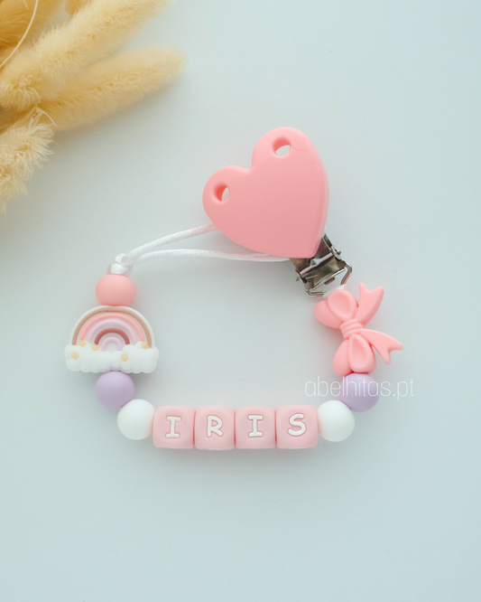 Prendedor de chupeta com nome - Arco-íris rosa
