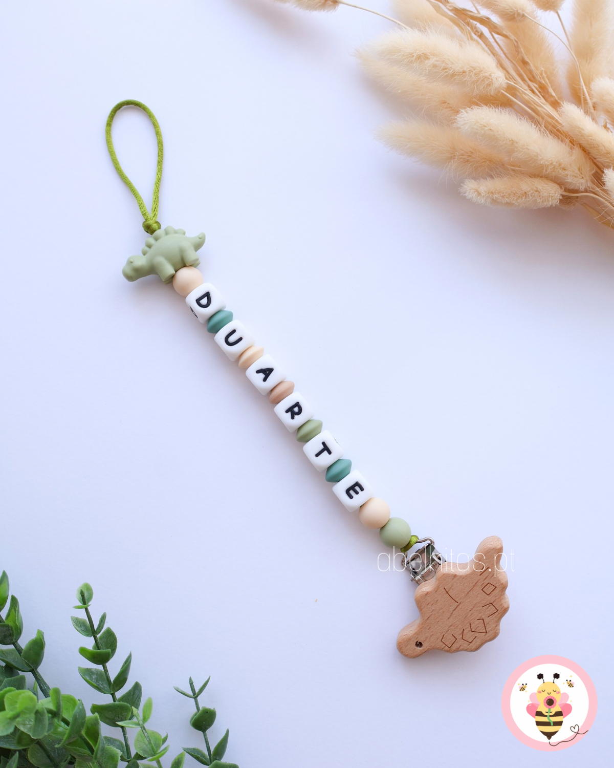 Prendedor de chupeta com nome - Dinossauro verde