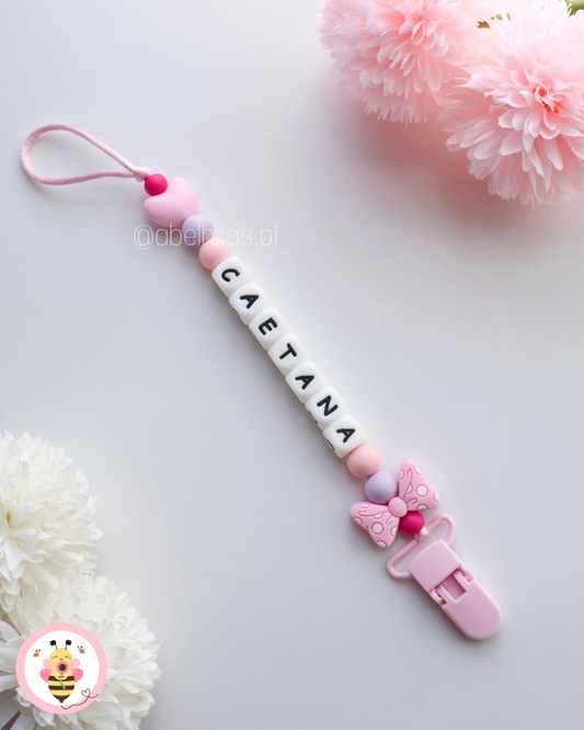 Prendedor de chupeta com nome - Laço bolinhas