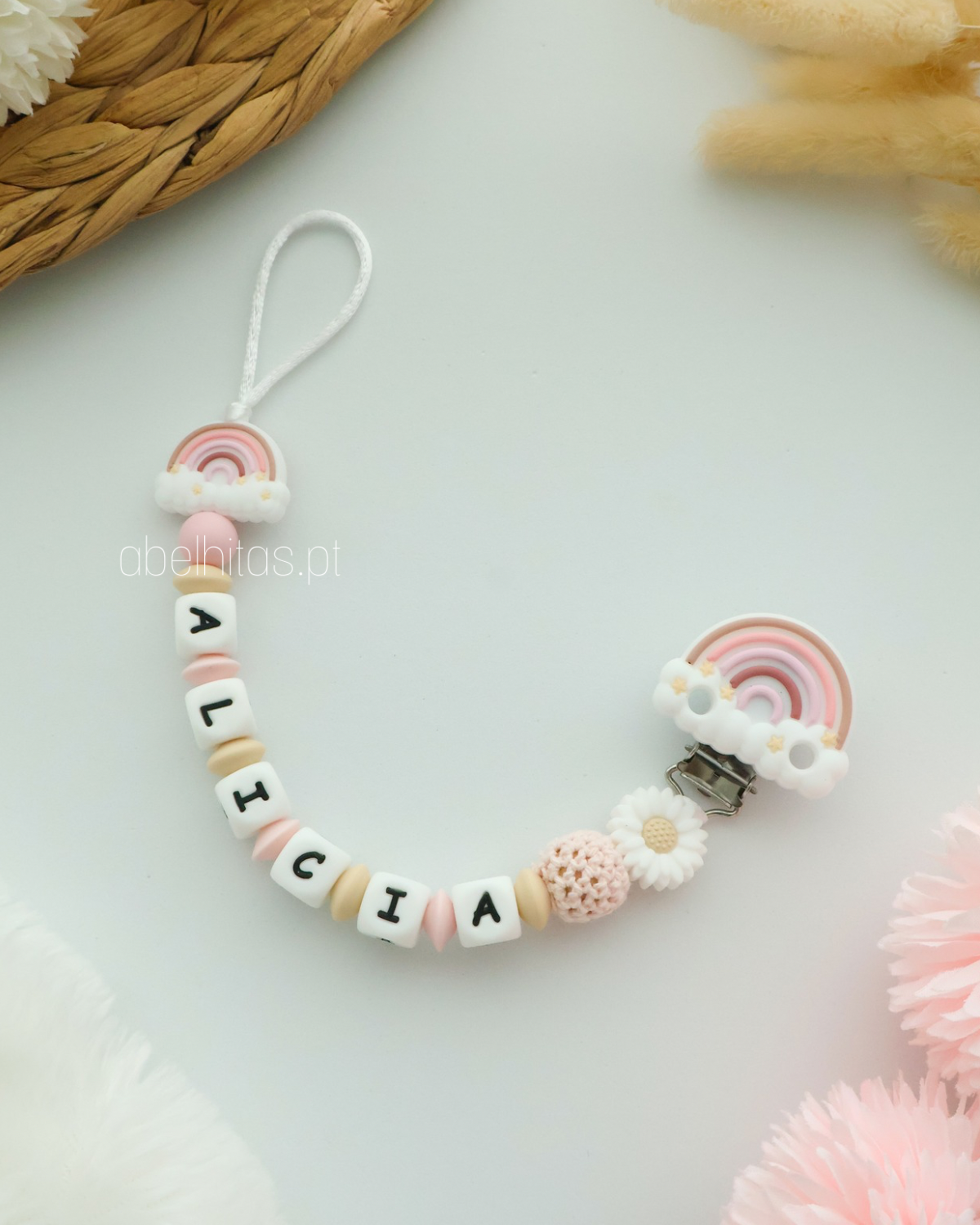 Prendedor de chupeta com nome - Arco-íris rosa