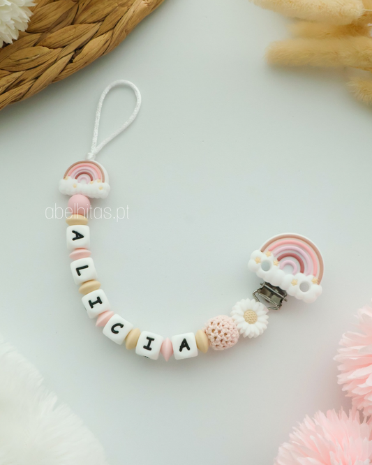Prendedor de chupeta com nome - Arco-íris rosa