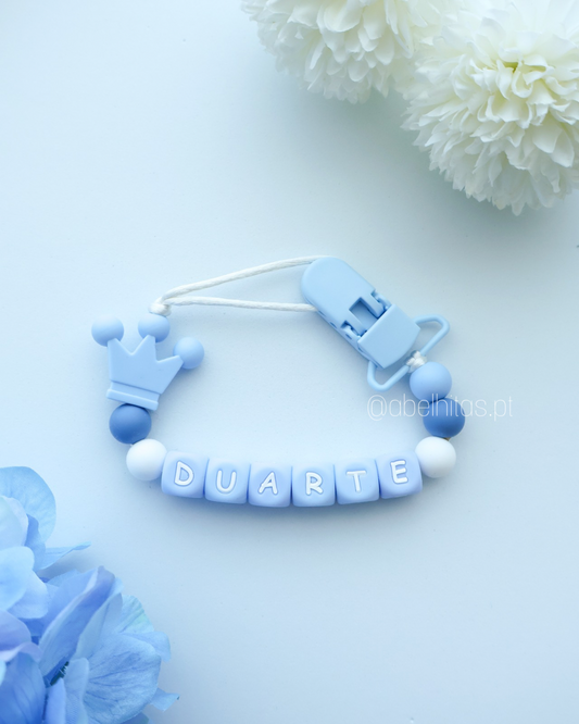 Prendedor de chupeta com nome - Coroa azul