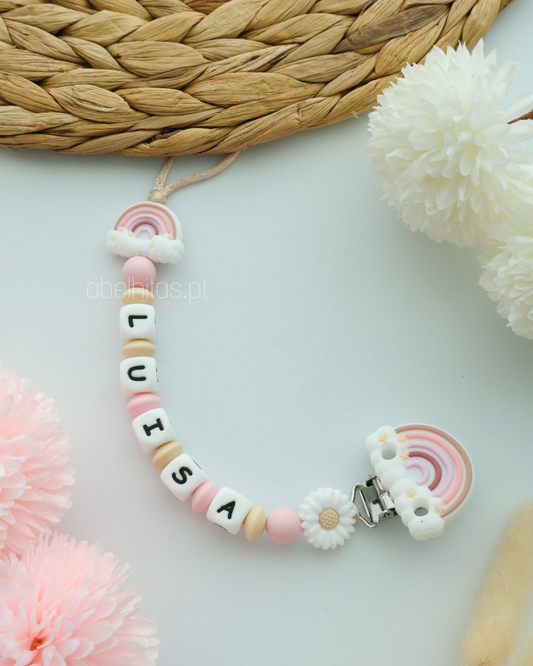Prendedor de chupeta com nome - Arco-íris rosa