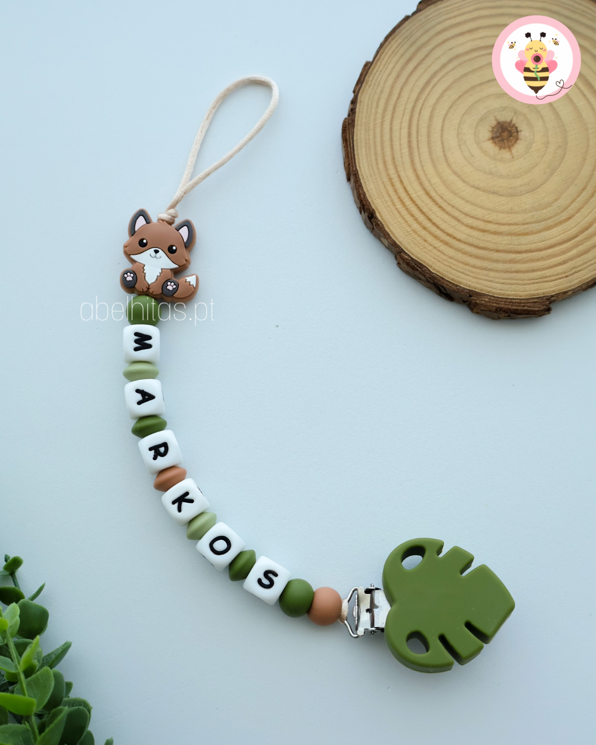 Prendedor de chupeta com nome - Raposa
