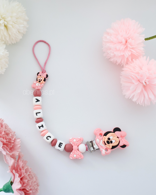 Prendedor de chupeta com nome - Minnie rosa