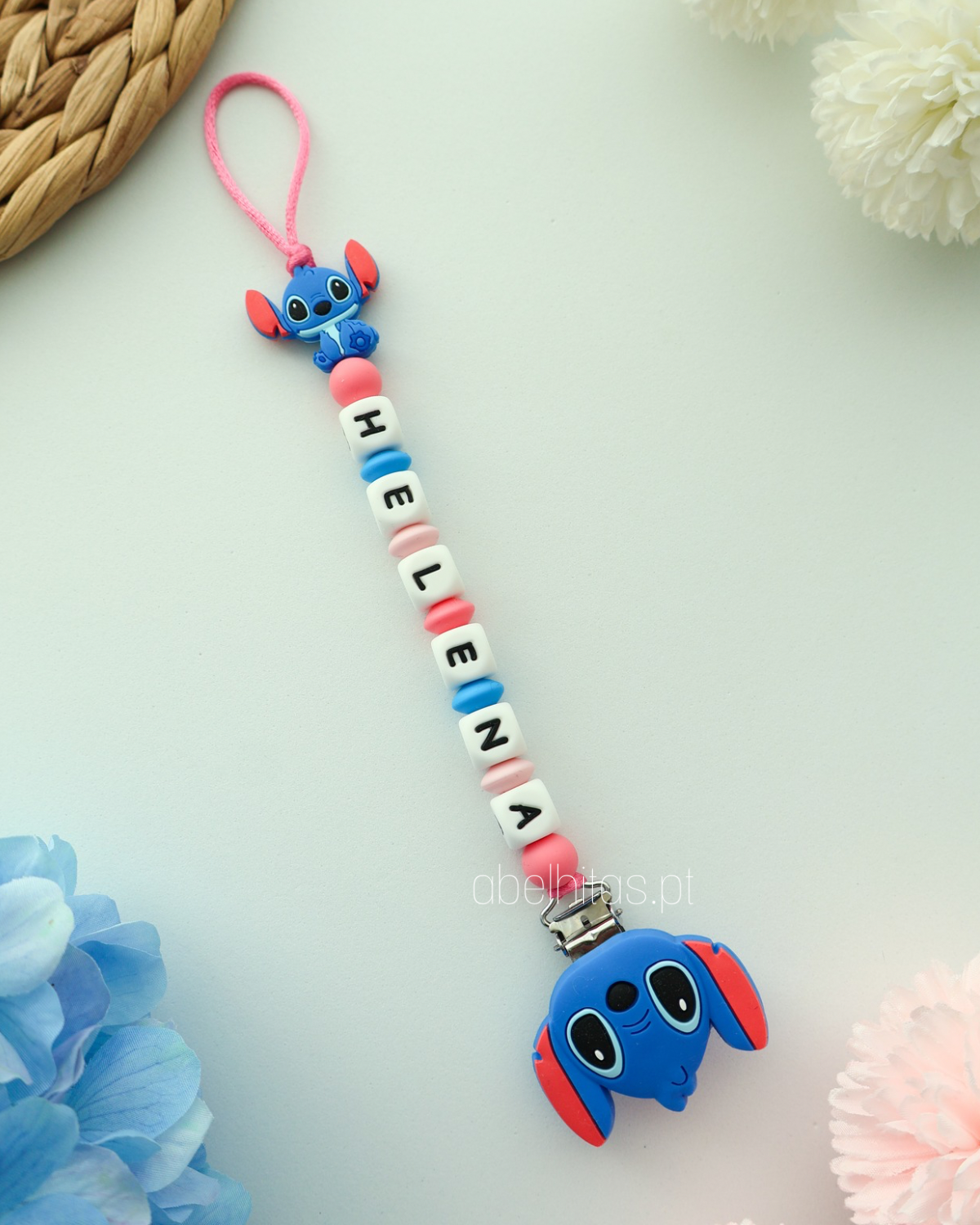 Prendedor de chupeta com nome - Stitch