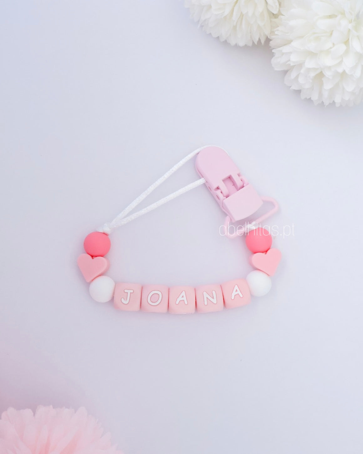 Prendedor de chupeta com nome - Cor-de-rosa