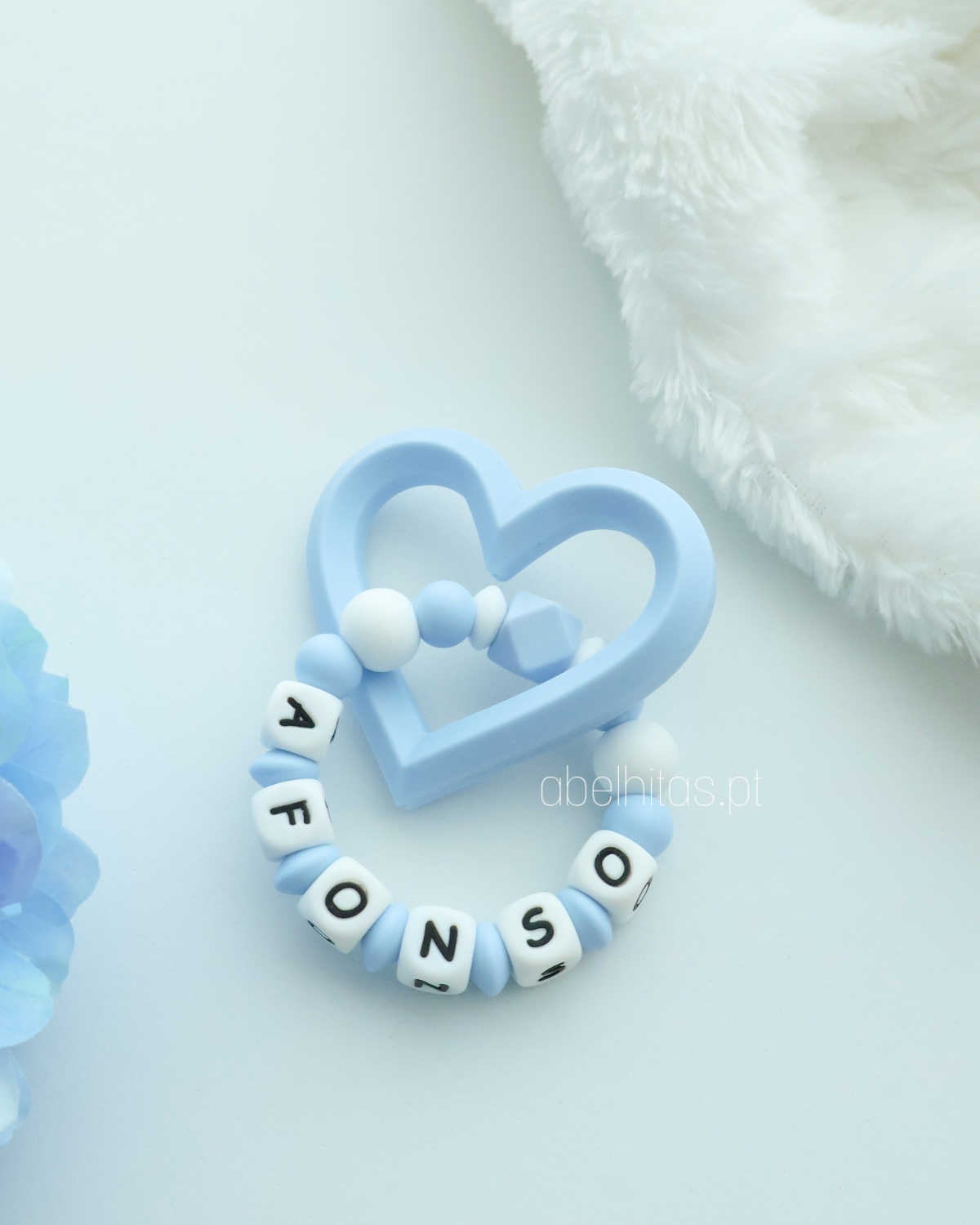 Silicone teether with name - Blue heart