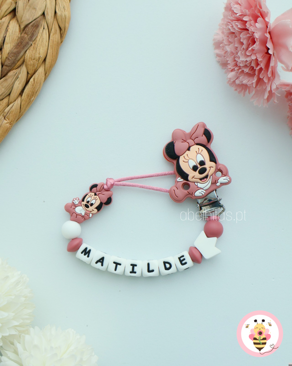 Pacifier clip with name - Dark pink Minnie
