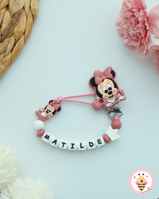 Pacifier clip with name - Dark pink Minnie