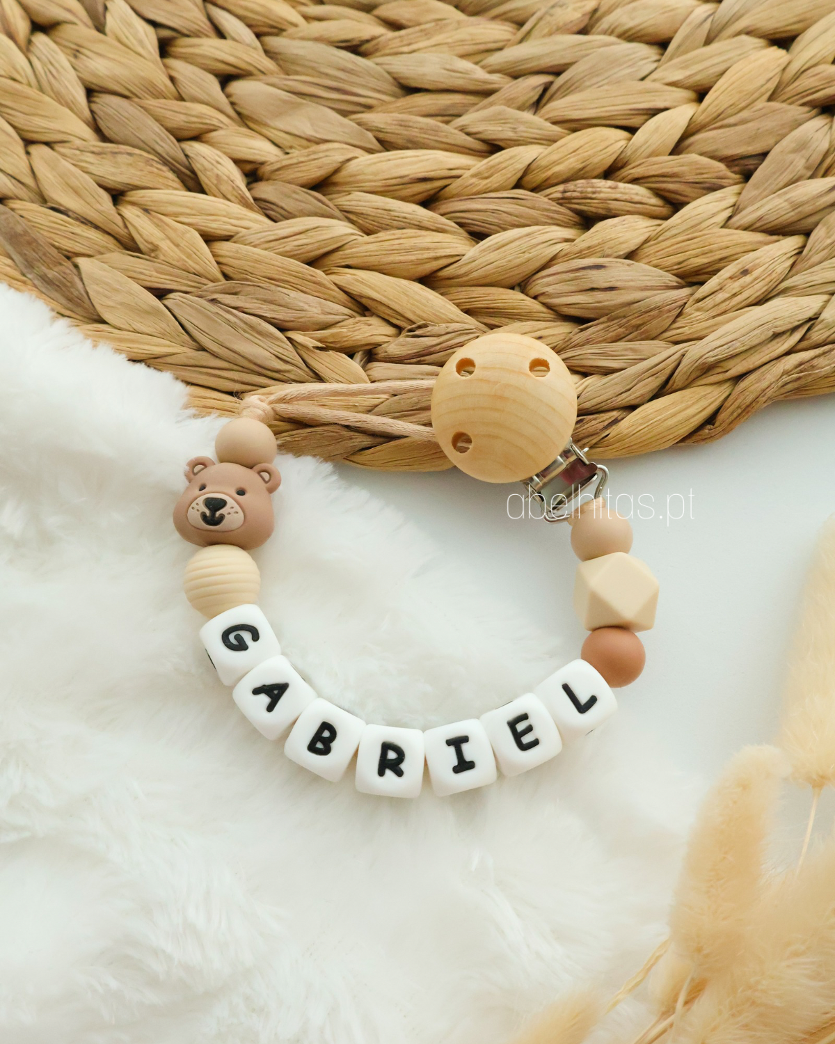 Prendedor de chupeta com nome - Urso