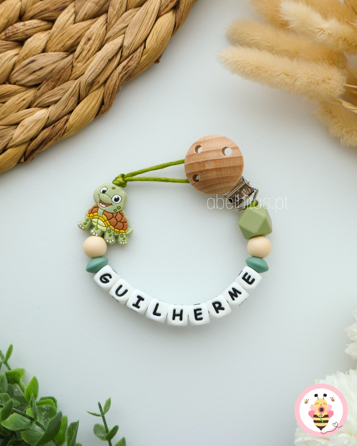 Prendedor de chupeta com nome - Tartaruga