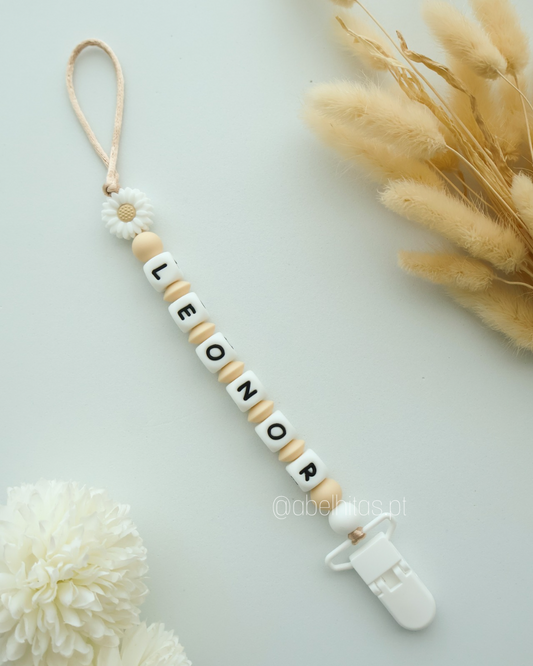 Pacifier clip with name - White flower