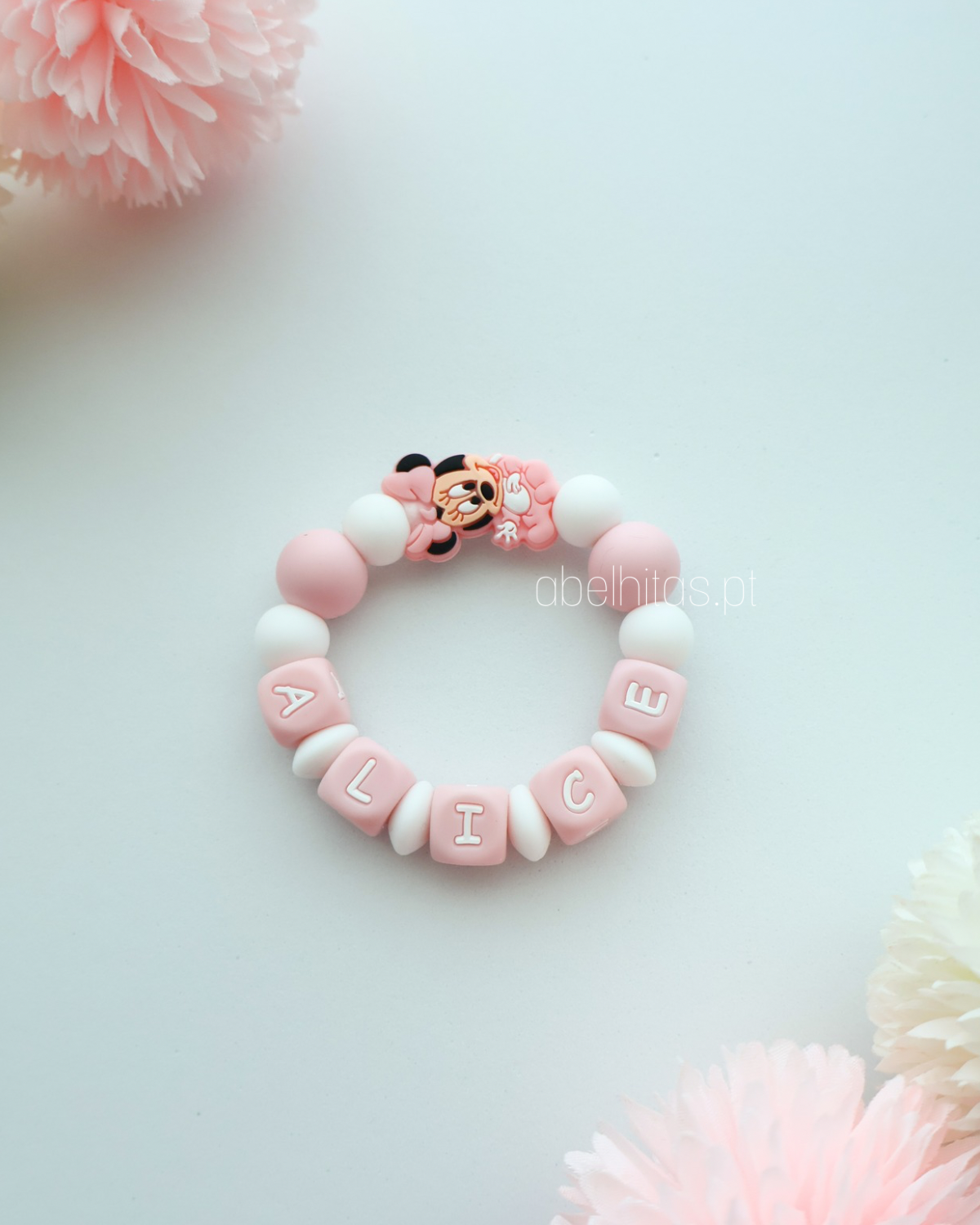 Silicone teether with name - Light pink Minnie