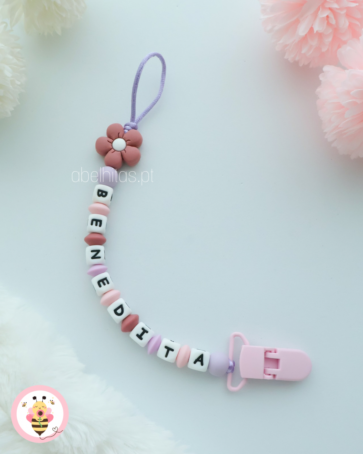 Prendedor de chupeta com nome - Flor rosa escura