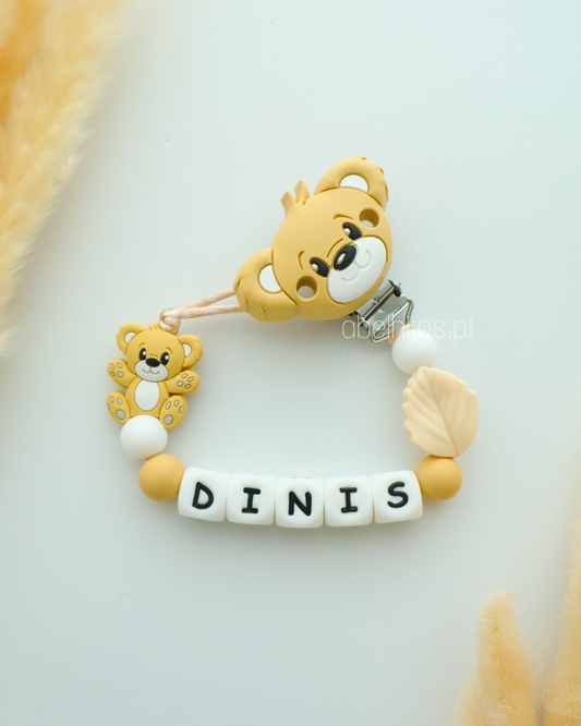 Prendedor de chupeta com nome - Urso e folha bege