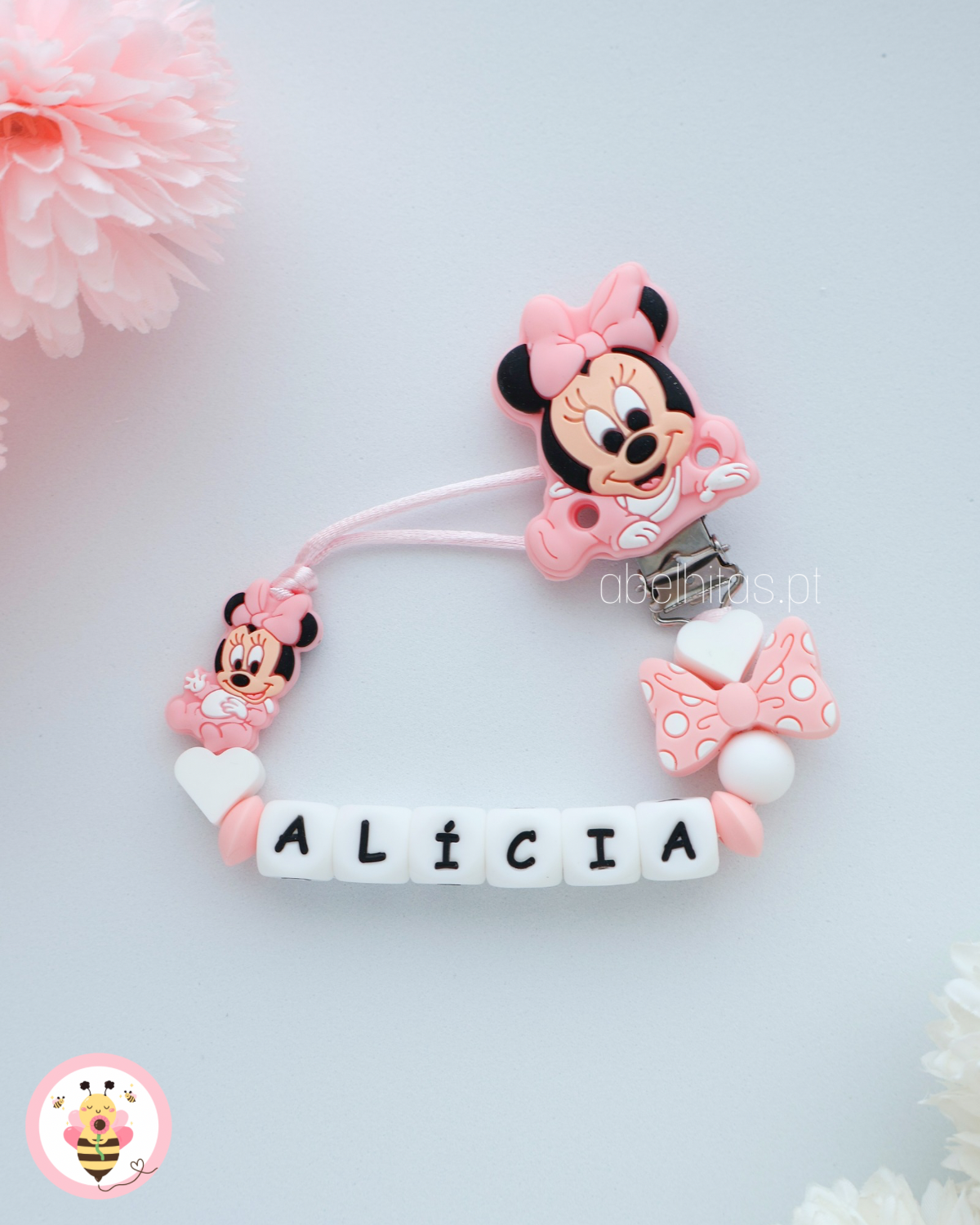 Prendedor de chupeta com nome - Minnie rosa