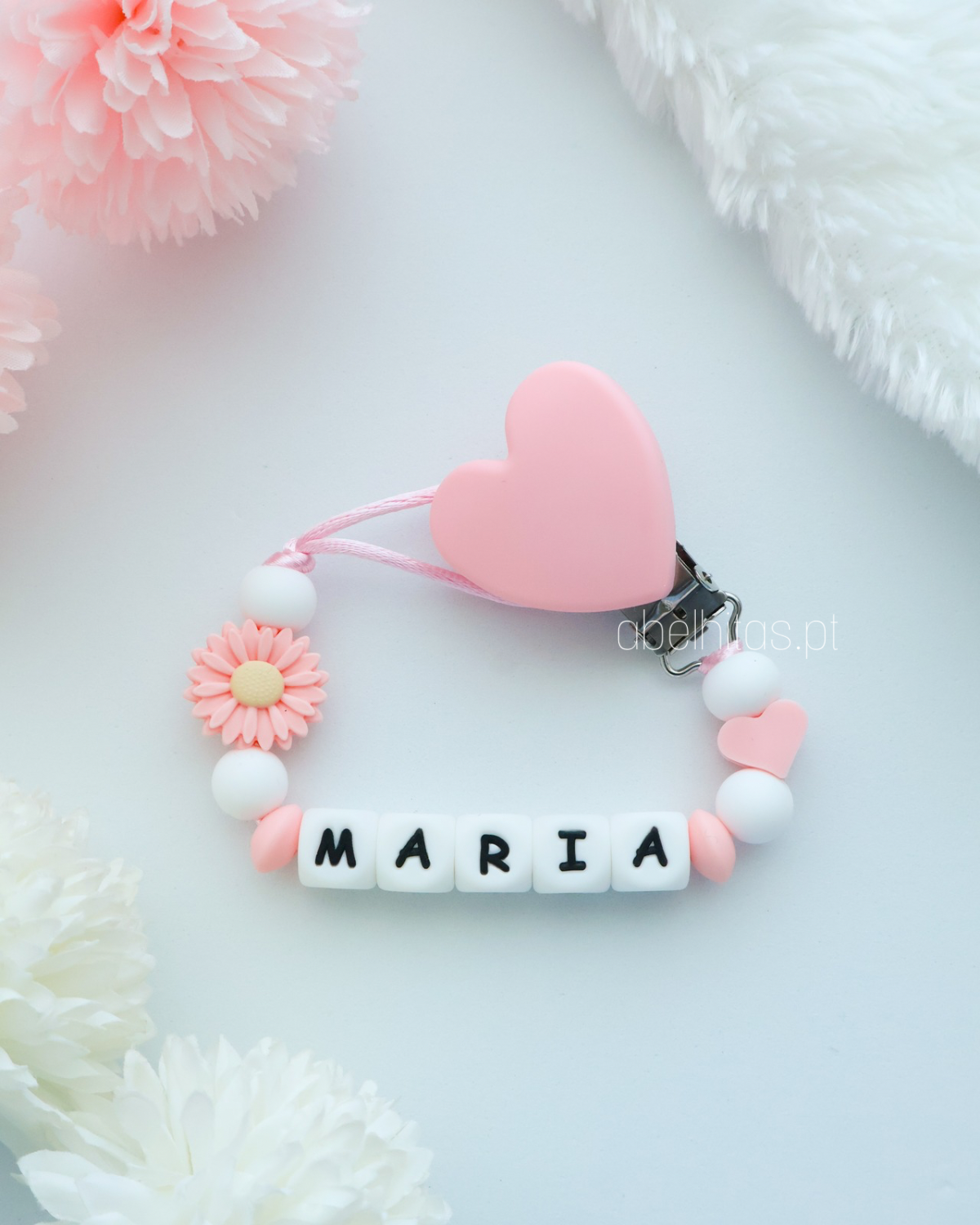 Prendedor de chupeta com nome - Flor rosa