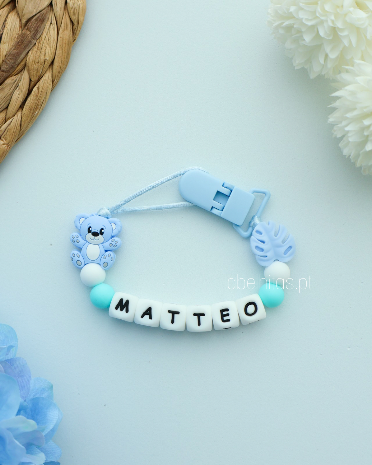 Prendedor de chupeta com nome - Urso azul