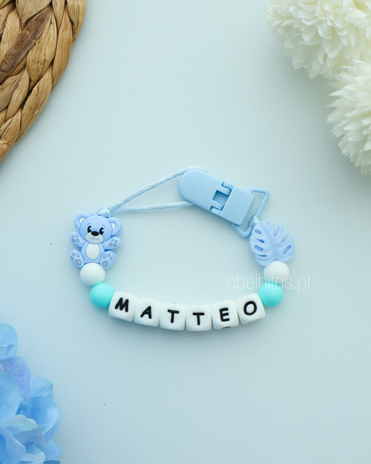 Prendedor de chupeta com nome - Urso azul