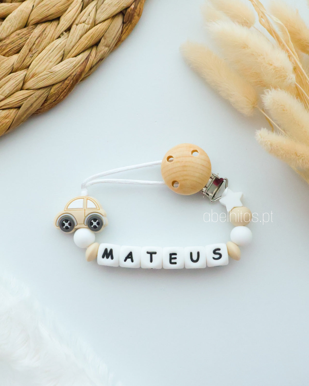Pacifier clip with name - Beige stroller