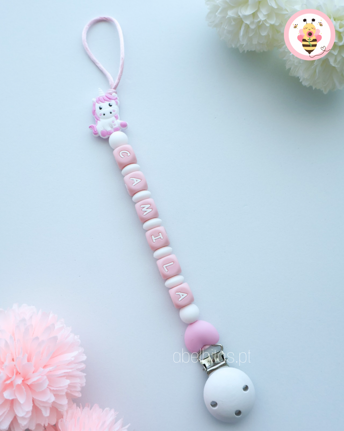 Prendedor de chupeta com nome - Unicórnio rosa claro