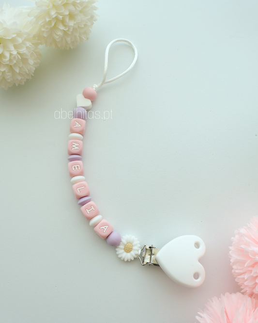 Pacifier clip with name - White heart