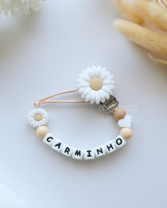 Pacifier clip with name - White flower