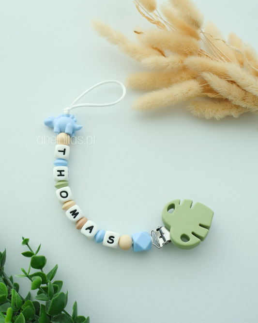 Prendedor de chupeta com nome - Dinossauro azul