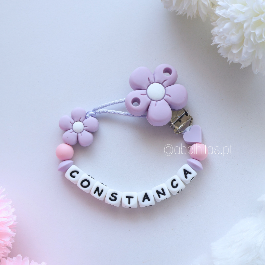 Pacifier clip with name - Lilac flower