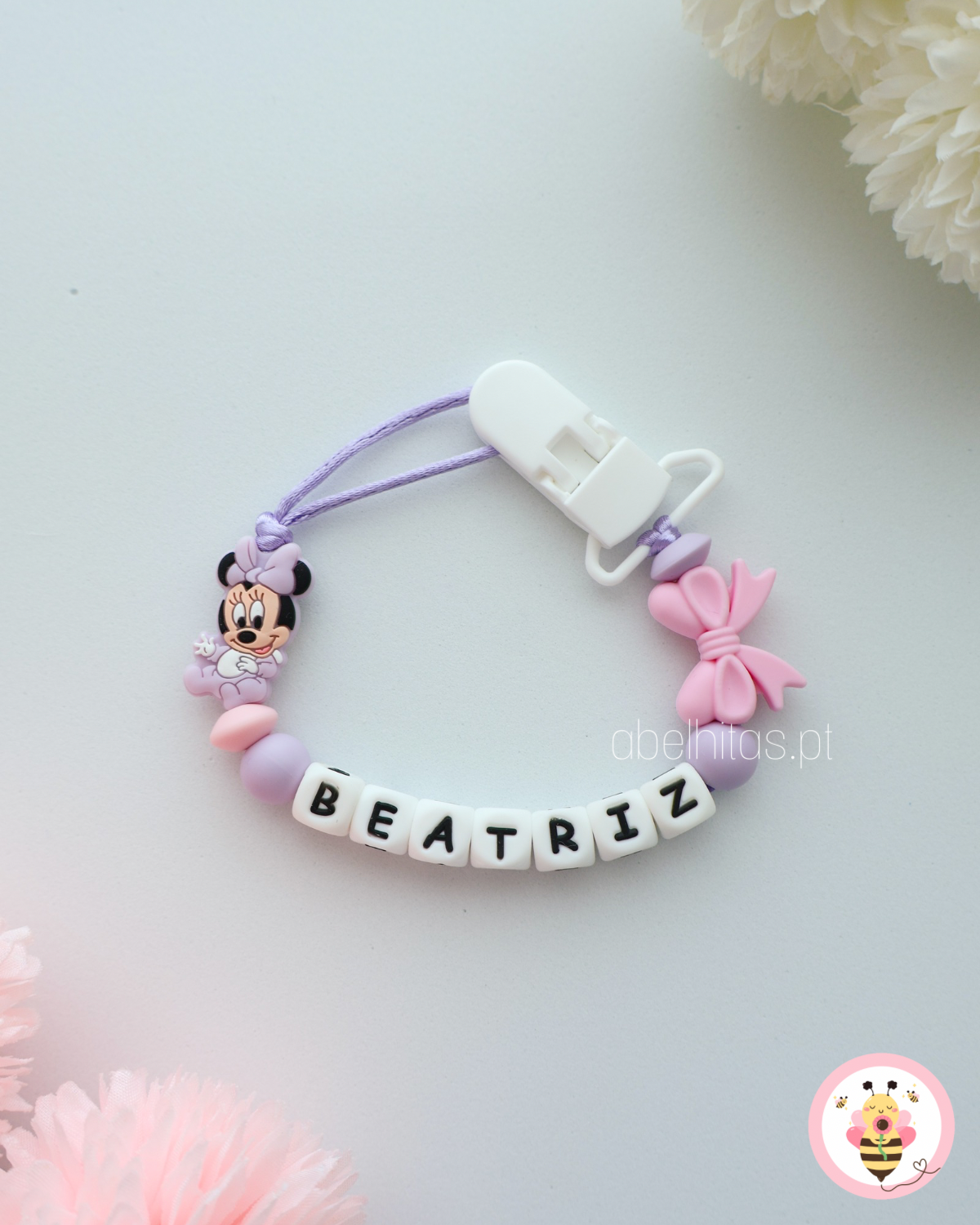Prendedor de chupeta com nome - Minnie lilás