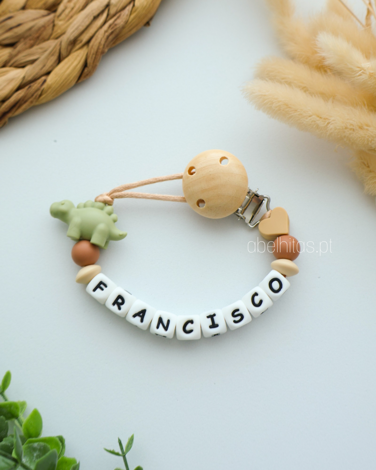 Prendedor de chupeta com nome - Dinossauro verde