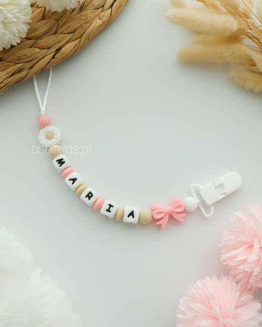 Prendedor de chupeta com nome - Laço rosa