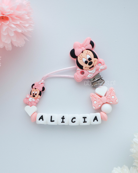 Pacifier clip with name - Pink Minnie