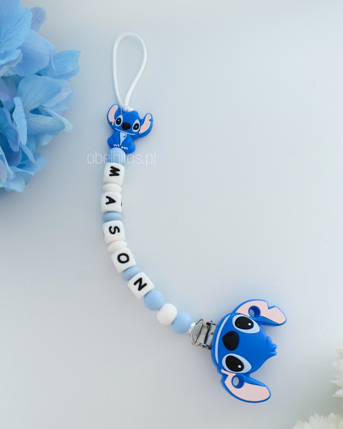 Prendedor de chupeta com nome - Stitch