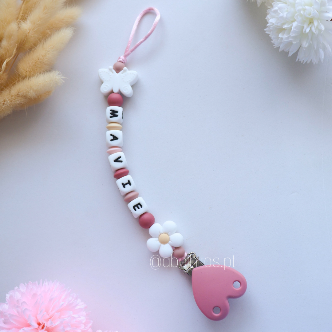 Pacifier clip with name - Butterfly and flower