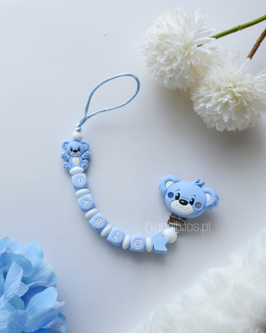 Prendedor de chupeta com nome - Urso azul