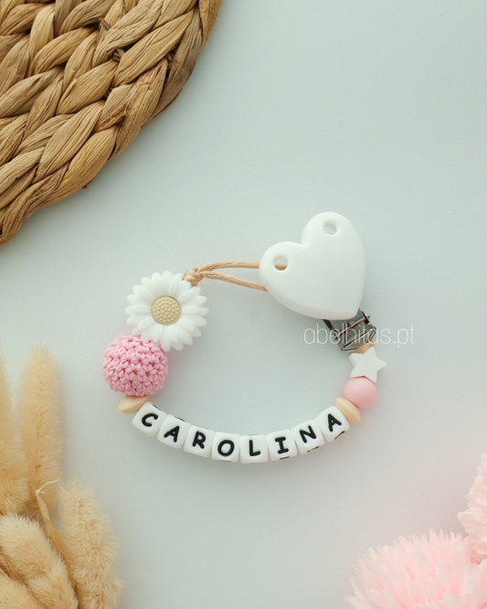 Prendedor de chupeta com nome - Flor branca