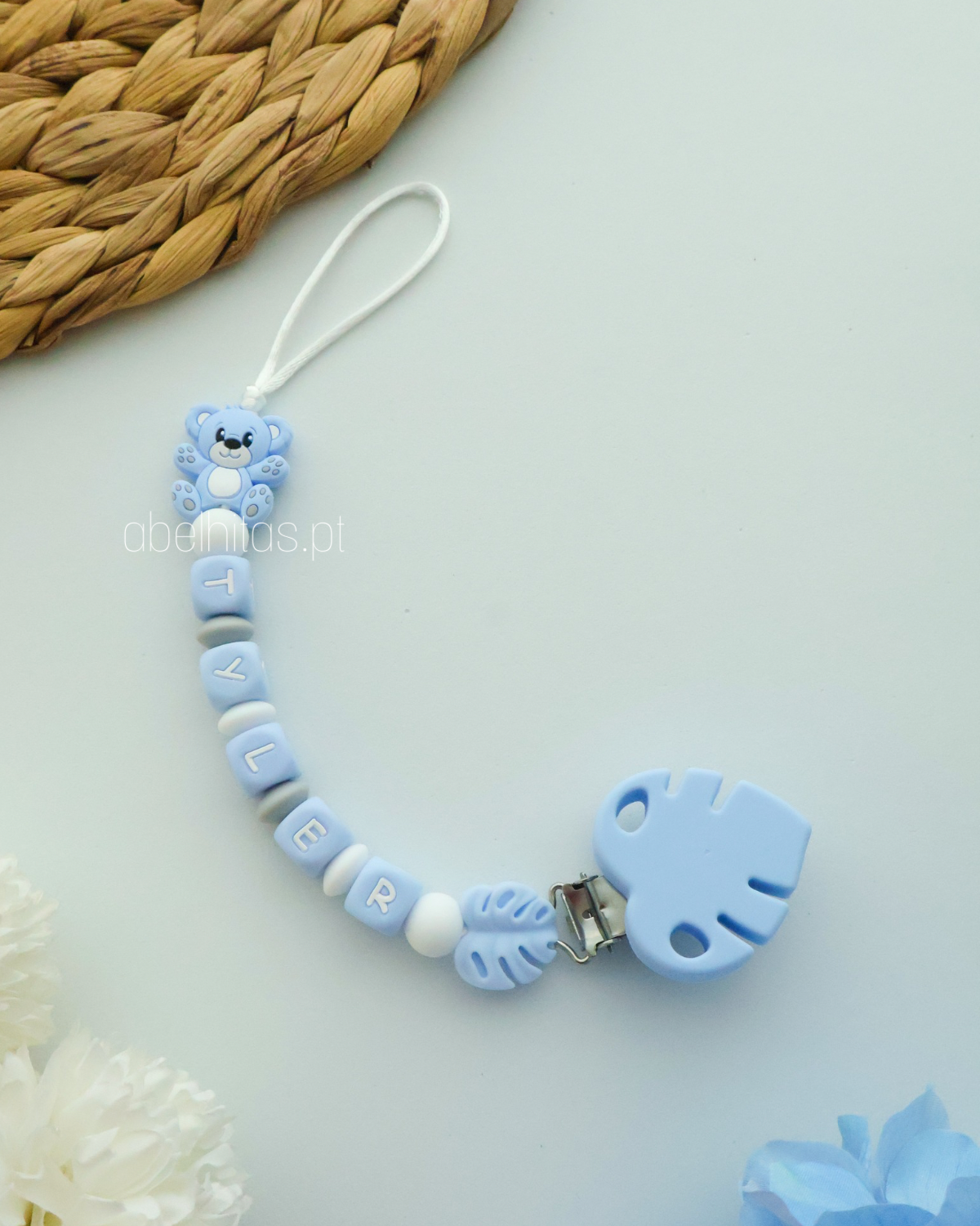 Prendedor de chupeta com nome - Urso azul